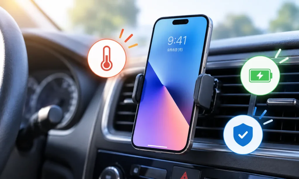 iPhoneを車のエアコン吹出口に付けても大丈夫?熱・充電への影響と安全な固定方法