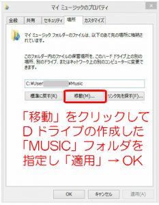 「移動」をクリックしてDドライブの作成した「Music」フォルダを指定し「適用」→OK