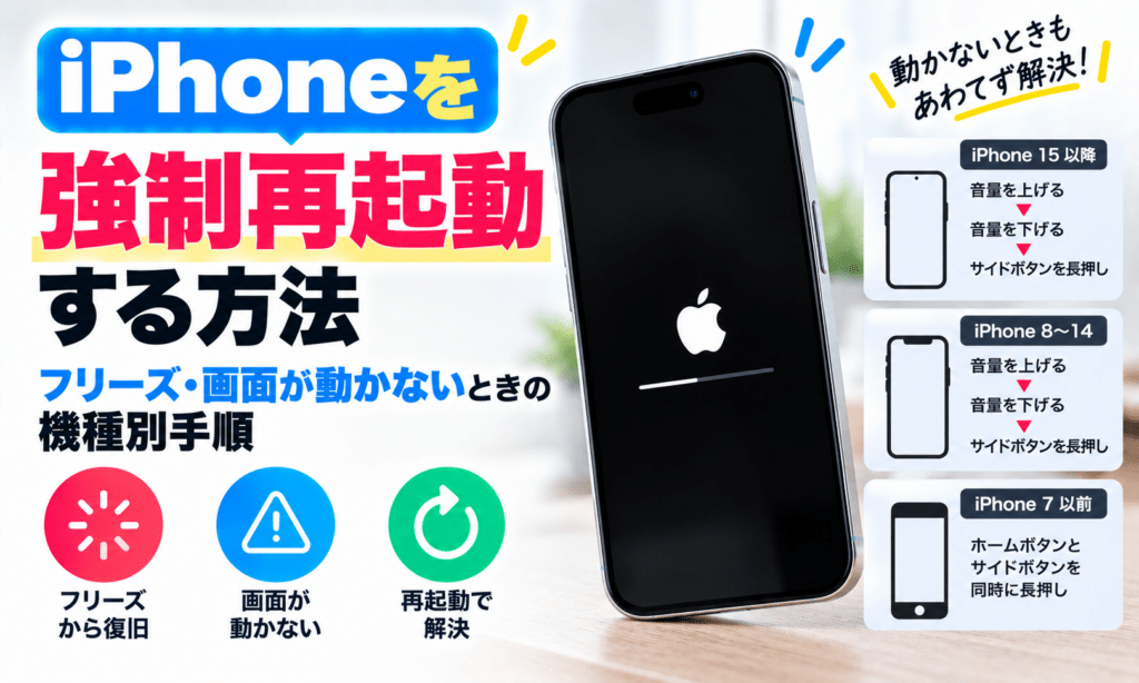 iPhoneを強制再起動する方法|フリーズ・画面が動かないときの機種別手順