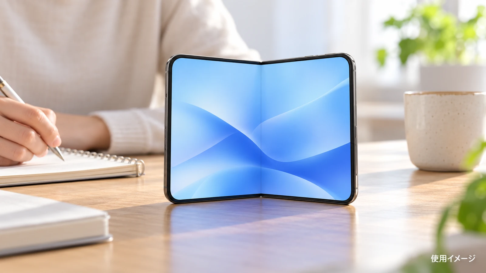 折りたたみ機能を使い、iPhone Duoを半開きで机に置いた使用イメージ